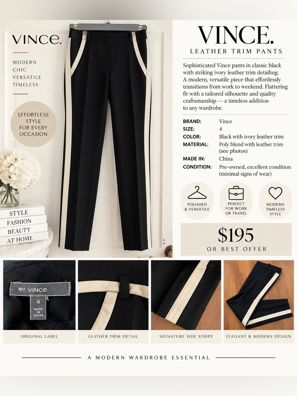 Vince Black Straight-Leg Pants with Ivory Side Stripe